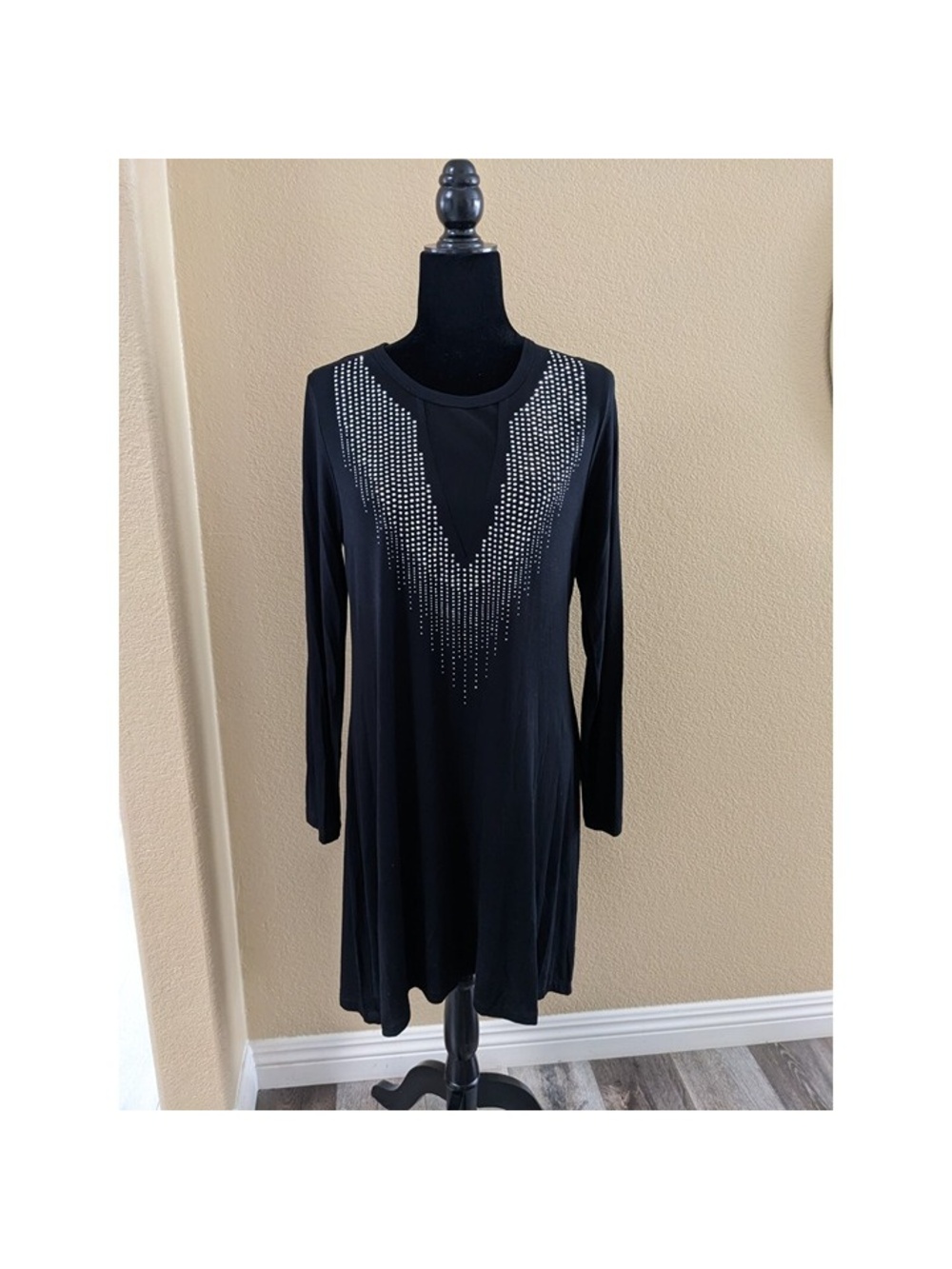 Vocal Little Black Dress Size Lg Long Sleeve Teardrop Tunic Studded Rhinestones